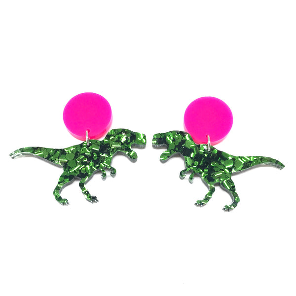 Chunky Green Glitter T-Rex Stud Earrings