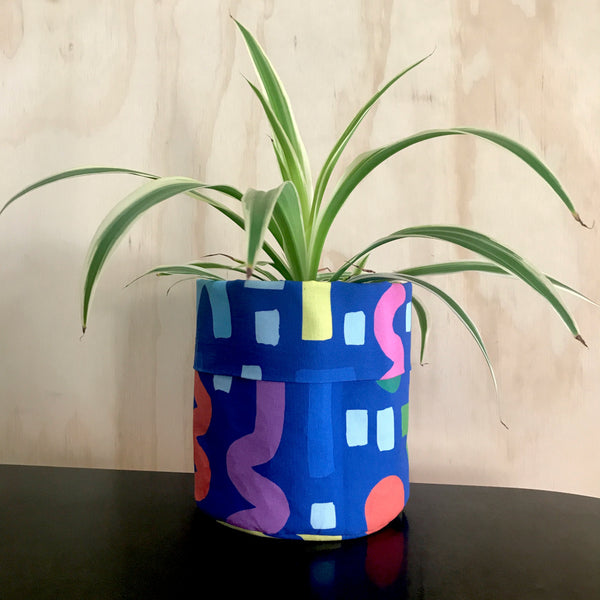 Fabric Plant Holder - Blue with multi-coloured squiggles