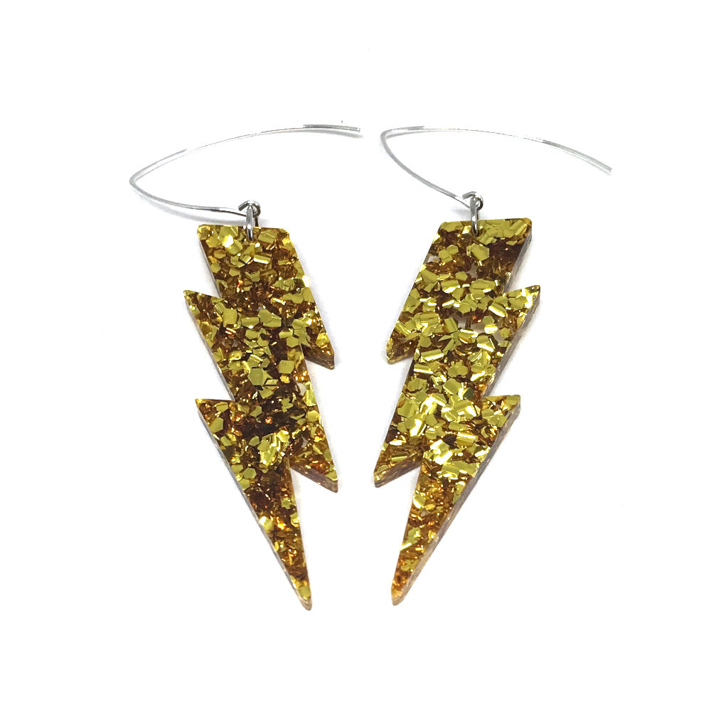 Gold Glitter Lightning Bolt Earrings Medium Snafu Design